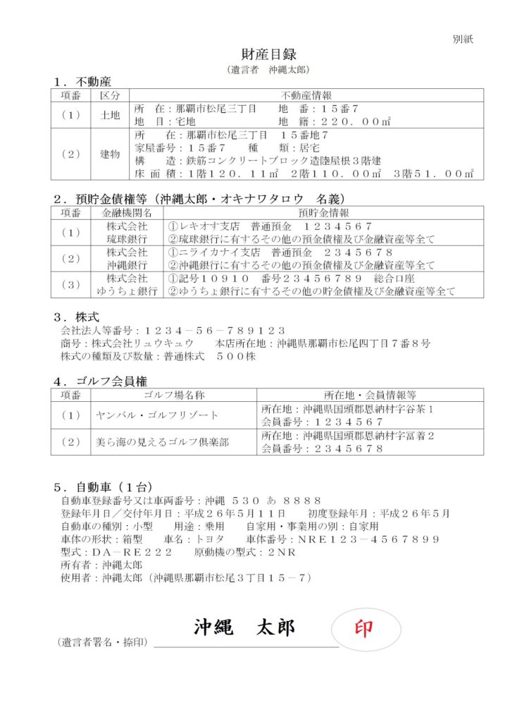 見本 遺言書 別紙「財産目録」